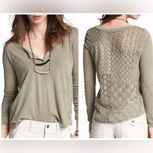 Free People v neck crochet olive green henley